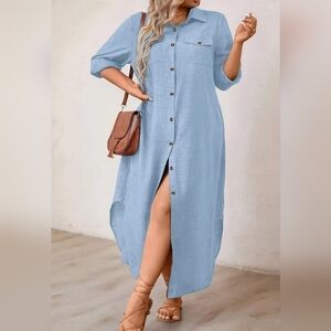 Sky Blue Button-Front Midi Dress